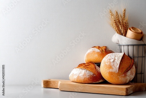 Obraz na płótnie Freshly Baked Bread Rolls on Wooden Board with Wheat Decoration w salonie