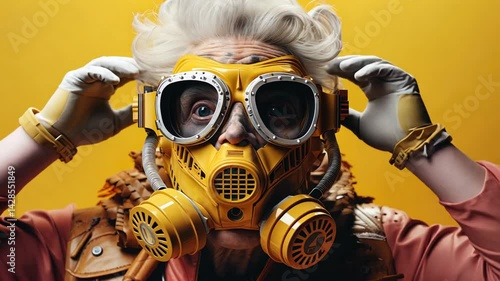 Futuristic Senior Woman with Gas Mask, Protecting Herself in a Dystopian World