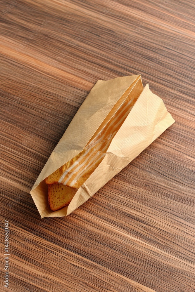Freshly Baked Cake Slice Wrapped in Brown Paper on Wooden Surface