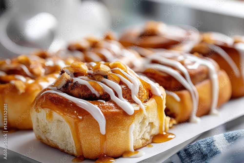Freshly Baked Cinnamon Rolls with Creamy Icing and Caramel Drizzle