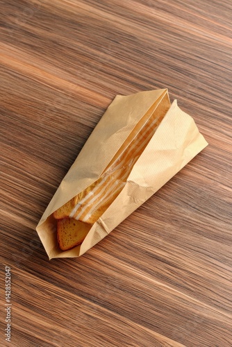 Obraz na płótnie Freshly Baked Cake Slice Wrapped in Brown Paper on Wooden Surface w salonie
