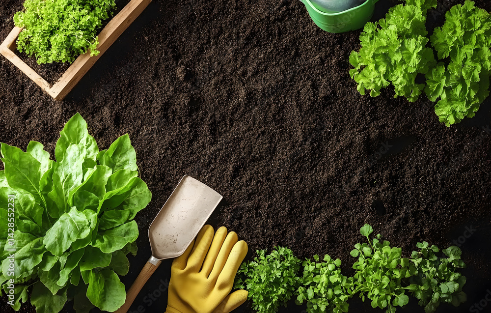 Flat-lay of gardening essentials fresh soil with gloves, trowel, watering can, potted plants, captured outdoors in spring to reflect hands-on hobby and seasonal backyard activity