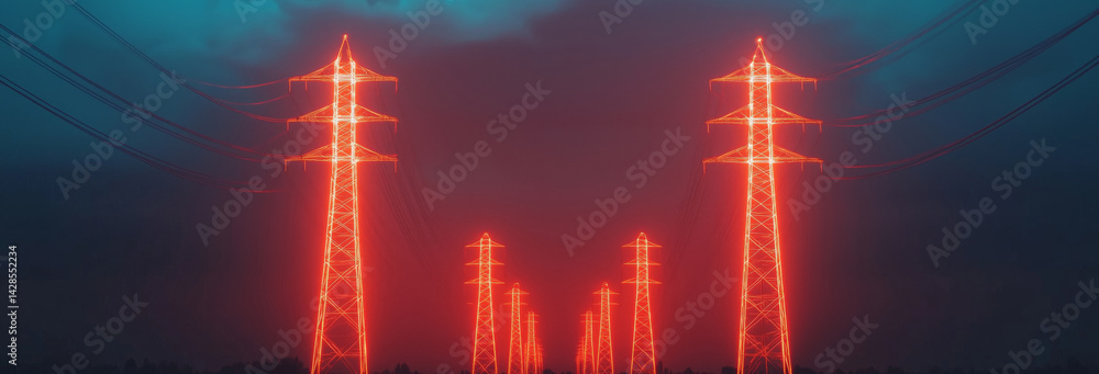Electric transmission towers glowing under a thunderstorm, symbolizing resilience under peak load