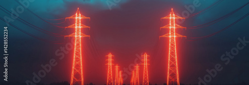 Obraz na płótnie Electric transmission towers glowing under a thunderstorm, symbolizing resilience under peak load w salonie