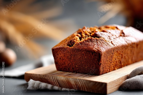 Obraz na płótnie Freshly Baked Loaf of Sweet Spiced Bread on Wooden Cutting Board w salonie