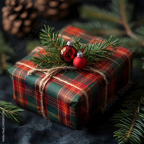 Festive Christmas gift box wrapped in plaid with pine and ornament