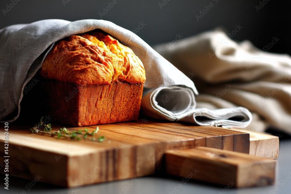 Freshly Baked Loaf of Bread Covered with a Cloth on Wooden Board