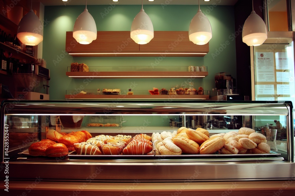 Freshly Baked Pastries and Breads Displayed in Modern Bakery Shop