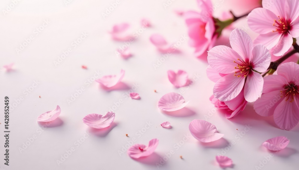 Obraz premium Delicate pink sakura blossoms, scattered petals on soft background, pink, romantic