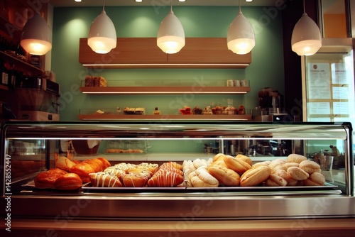 Obraz na płótnie Freshly Baked Pastries and Breads Displayed in Modern Bakery Shop w salonie