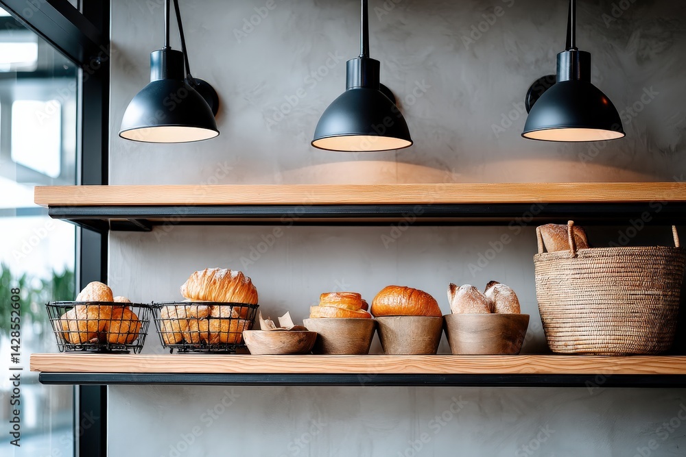 Freshly Baked Pastries Displayed on Wooden Shelves in Modern Cafe