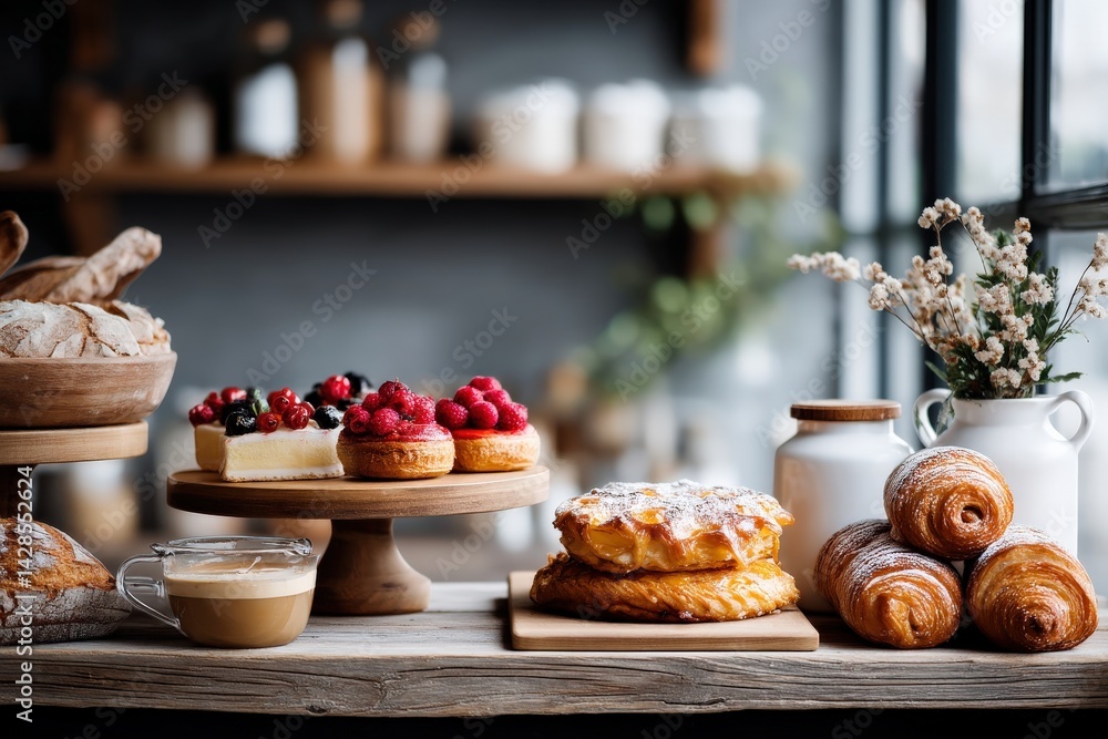 Freshly Baked Pastries and Desserts on a Rustic Wooden Table
