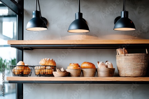 Obraz na płótnie Freshly Baked Pastries Displayed on Wooden Shelves in Modern Cafe w salonie