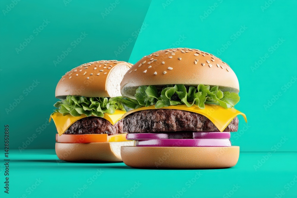 Freshly Made Cheeseburgers with Lettuce and Tomato on Colorful Background