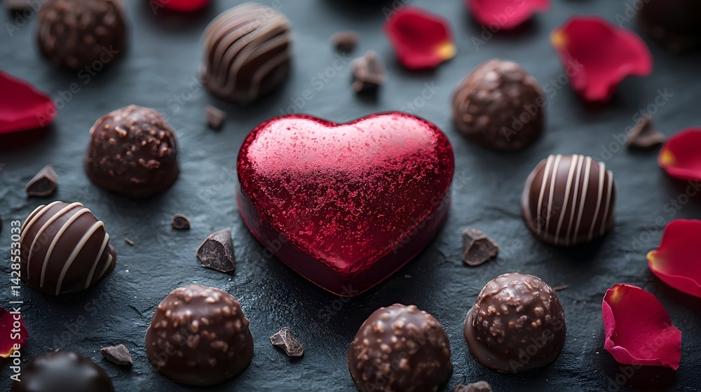 Luxurious heart shaped chocolate gift box with rose petals