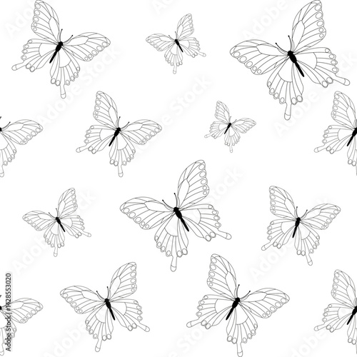 Swallowtail butterflies, silhouettes, line art. Seamless decorative pattern on transparent background.