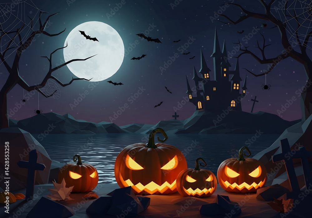 Fototapeta premium Halloween Night Scene with Jack-o'-Lanterns and Haunted Castle