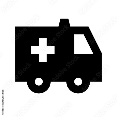 Black silhouette of an ambulance car with a white cross and two wheels in a simple vector design