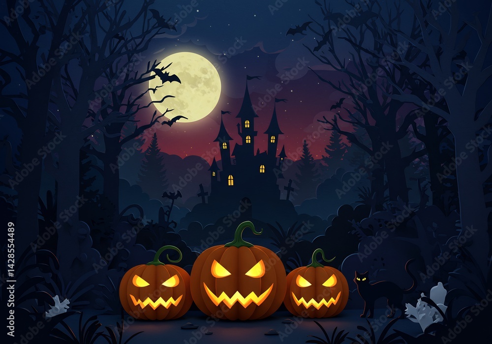 Fototapeta premium Halloween Night Scene with Spooky Castle and Jack-o'-lanterns