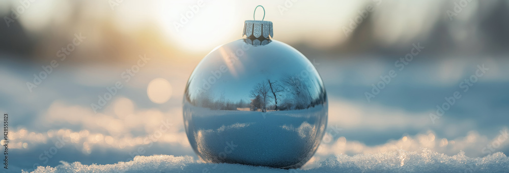 Empty christmas bauble over the winter, snowy background