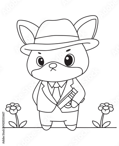 Coloring book rabbit in a suit and fedora, ready to solve mysteries. Perfect for kids education coloring