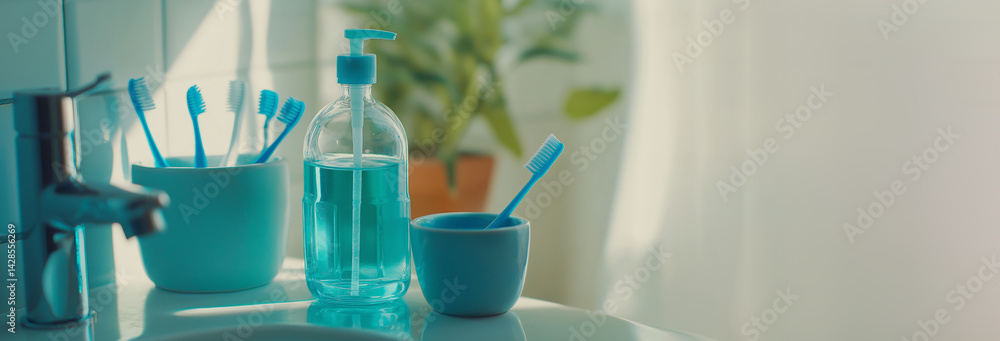 Fresh mouthwash in bottle and cup with blue toothbrush on washbasin in bathroom
