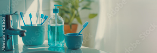 Obraz na płótnie Fresh mouthwash in bottle and cup with blue toothbrush on washbasin in bathroom w salonie