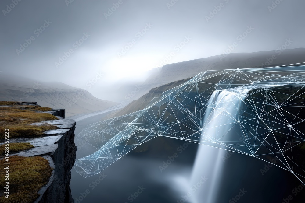 Futuristic Waterfall with Digital Network Landscape and Technology Elements