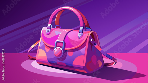 Very beautiful Pink handbag casting colorful shadow on purple background