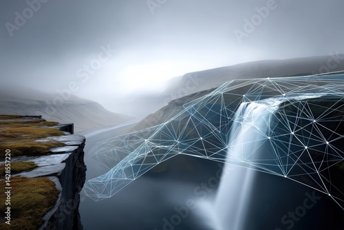 Obraz na płótnie Futuristic Waterfall with Digital Network Landscape and Technology Elements w salonie