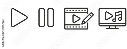 Set of line style icons representing play, pause, editing, and media display actions for digital content