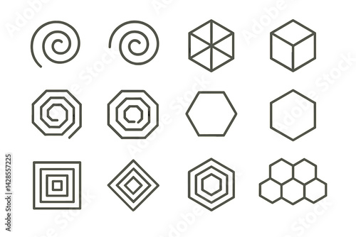 Set of icons featuring line style geometric shapes and patterns for design and illustration use