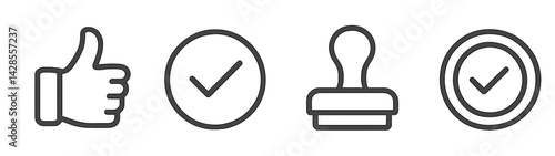 Set of line style icons representing approval, including a thumbs up, check mark, stamp, and circled check mark