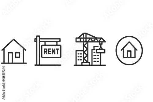 Set of line style icons depicting various aspects of real estate including home, rental sign, construction, and property