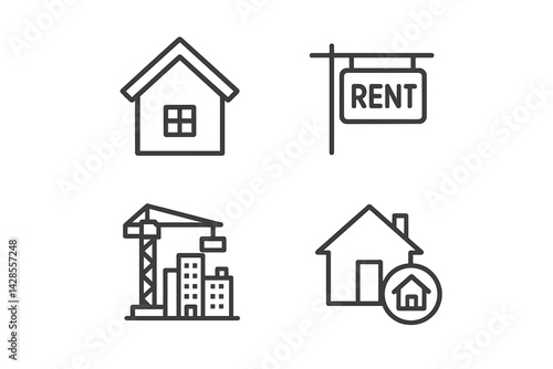 Set of line style icons depicting housing, rental, and construction concepts for real estate applications