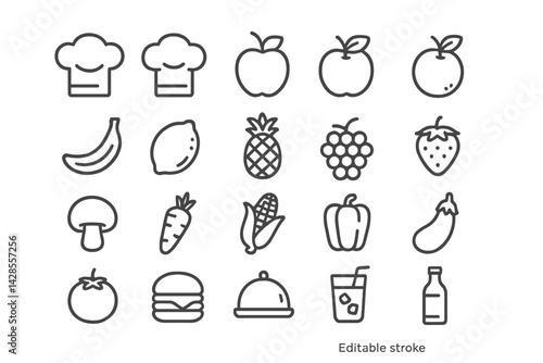Set of line style icons featuring various food items and kitchen elements suitable for culinary designs