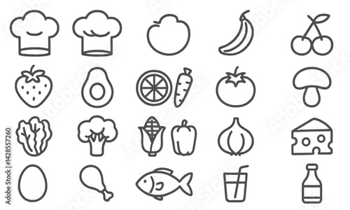 Set of icons representing various food items and kitchen elements designed in a clean line style