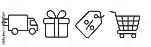 Set of line style icons representing delivery, gift, discount tag, and shopping cart for e-commerce use
