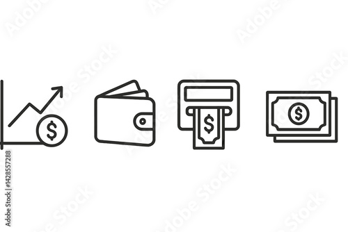 Set of line style financial icons illustrating money-related concepts such as growth, wallets, transactions, and cash