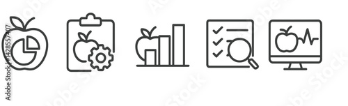 Collection of line style icons representing health, nutrition, and data analysis for dietary tracking and wellness
