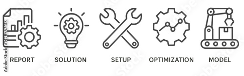 Icons depicting various concepts in line style suitable for reports, solutions, setups, optimizations, and models