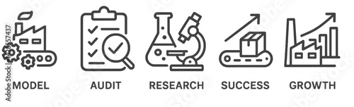 Line style icons depicting model, audit, research, success, and growth concepts in a business context