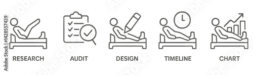 Set of line style icons representing research, audit, design, timeline, and chart concepts in a minimalist design approach