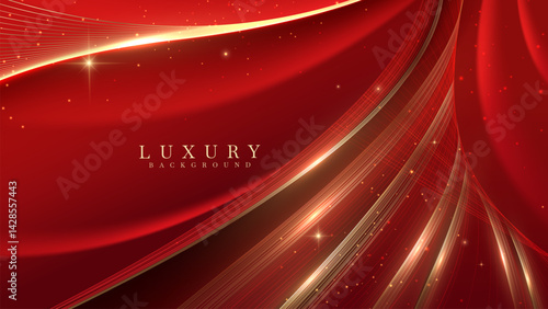 Red luxury abstract background with golden line elements decorated with glittering light effects and sparkling bokeh, vector illustration.