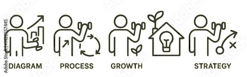 Icons representing diagram, process, growth, and strategy in a linear style suitable for educational materials and training sessions