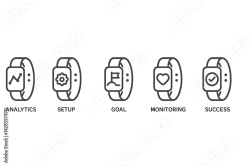 Set of inline style icons representing analytics, setup, goal, monitoring, and success for digital applications