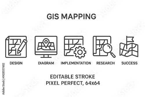 Set of line style icons representing various aspects of GIS mapping and design
