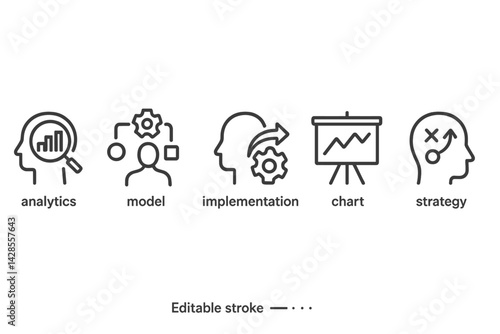 Icons representing analytics, model development, implementation processes, charting data, and strategic planning in line style