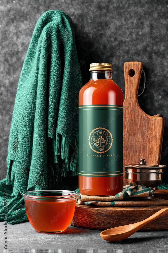 Glass bottle with herbal tea and wooden kitchen utensils on table