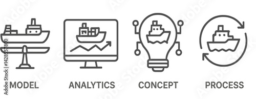 Icons representing model analytics, concept development, and process management for maritime industry analysis